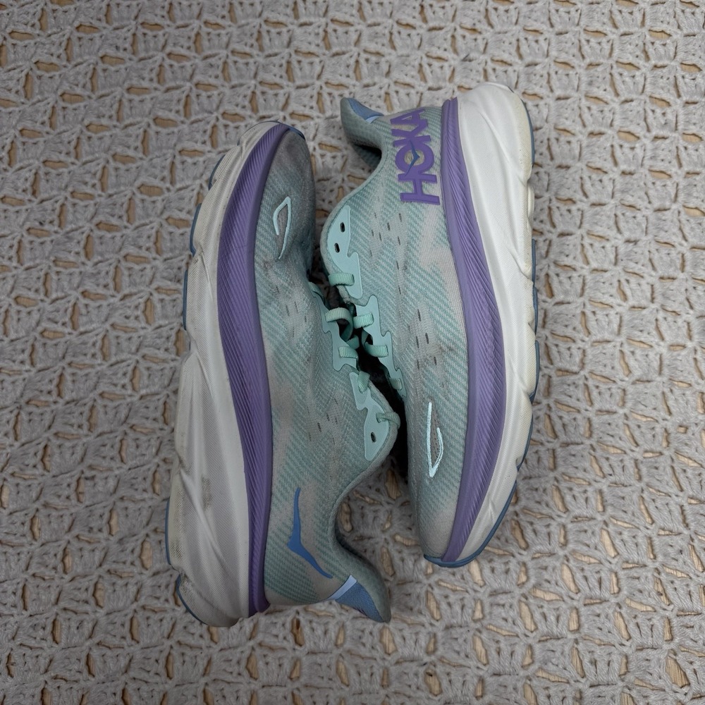 HOKA Clifton 9 Shoes Womens Size 8.5 B Mint Green Purple Running Gym Cushioned - Picture 2 of 11